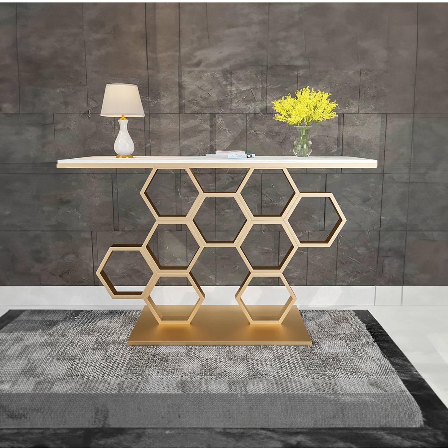 Honeycomb Motif Golden Metal Finish Console Table