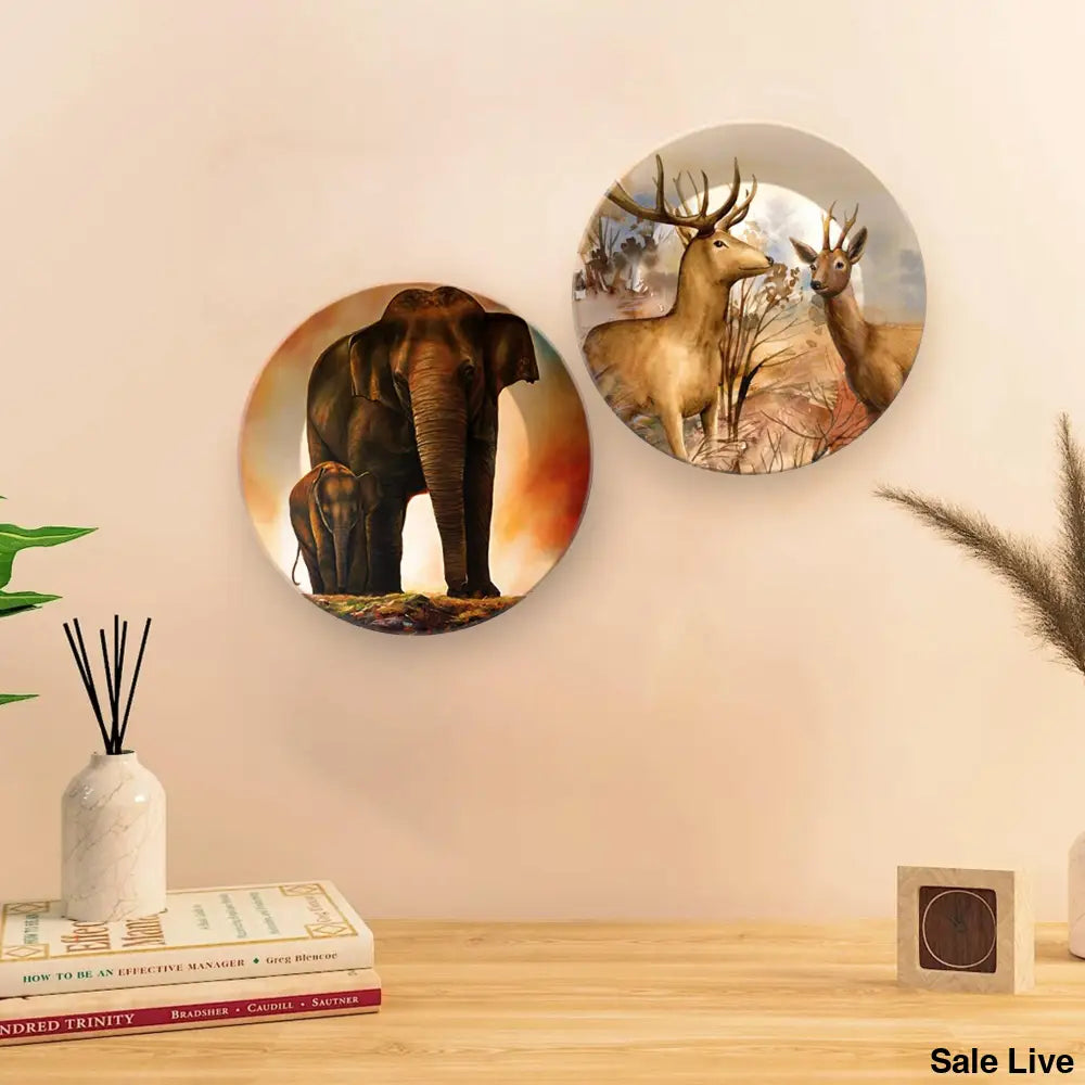 2 Pieces Ceramic Wall Plates Painting of Elephants and Deer