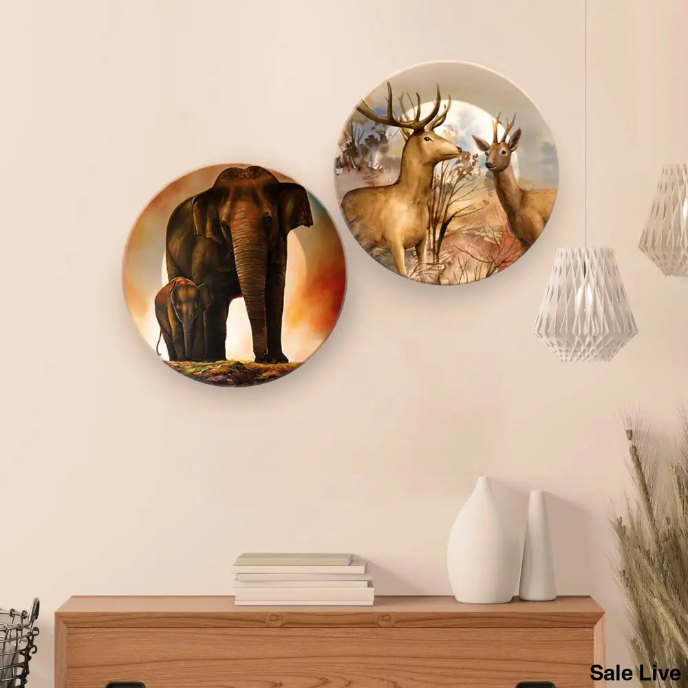 2 Pieces Ceramic Wall Plates Painting of Elephants and Deer