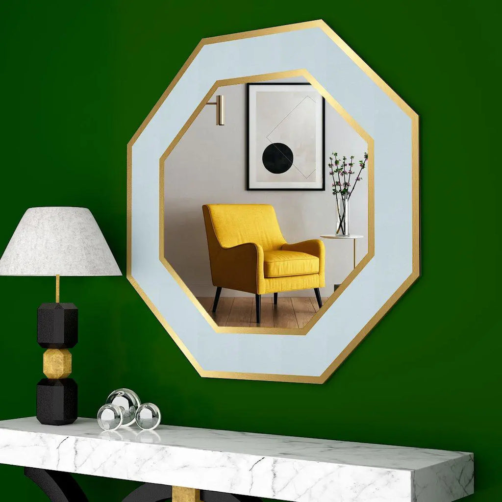 Wooden Wall Mirror Hexagon Shape Decorative