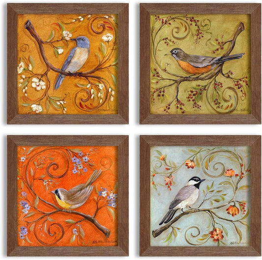 Jardine Birds Set of 4 Framed Painting,UV Textured Art Prints (9 x 9 inch)