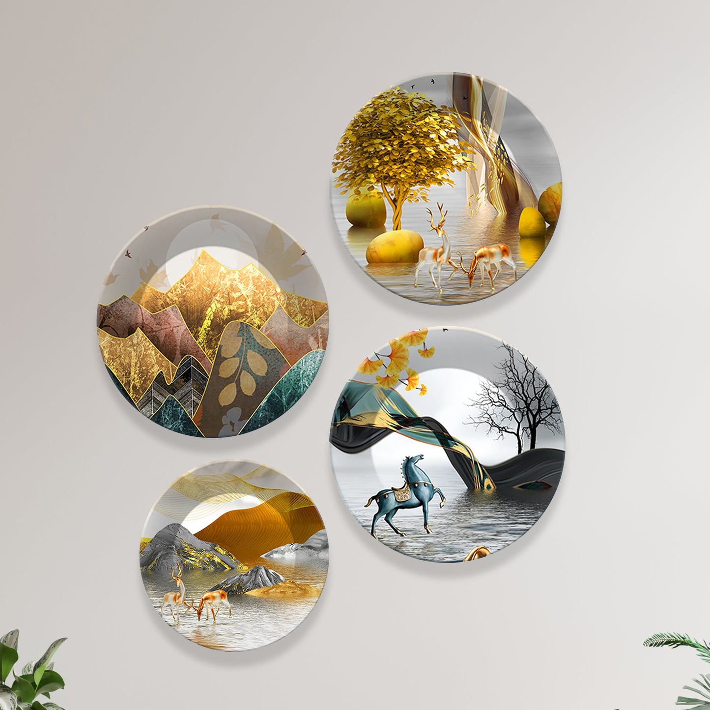 Fantasy Land Ceramic Wall Plates Painting Set of Four