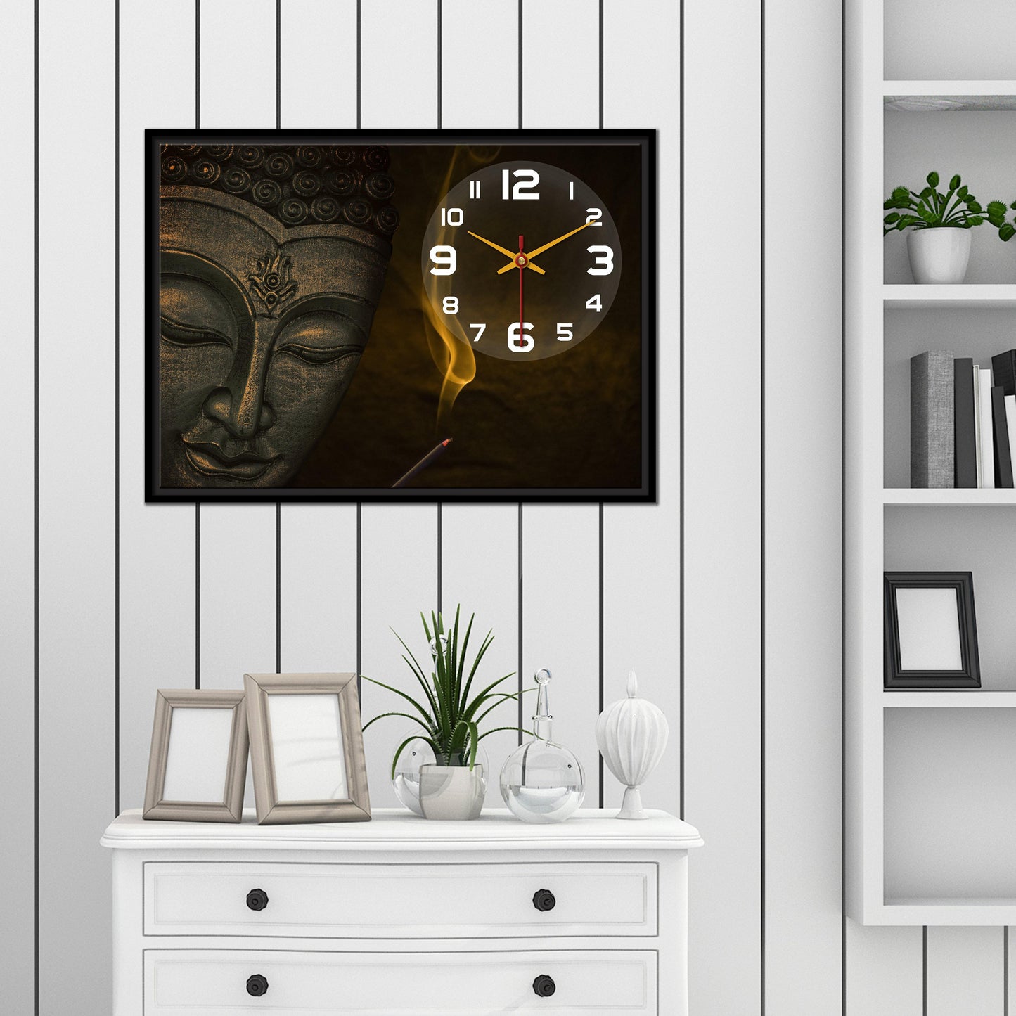 Floating Frame Lord Buddha Wall Painting with Clock