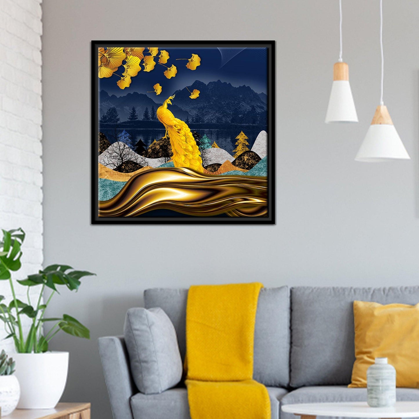 Golden Peacock Floating Canvas Wall Painting Frame