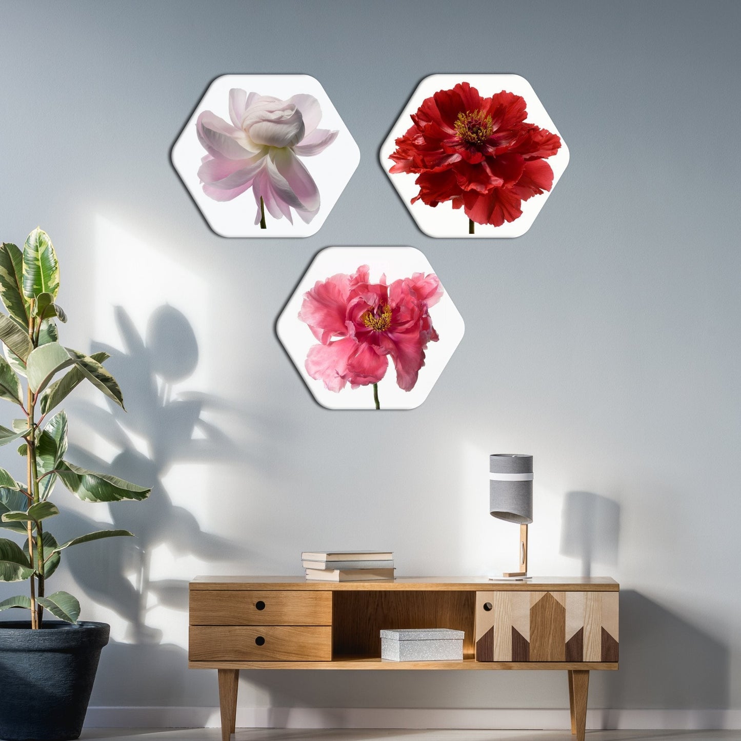 Beautiful Flowers Hexagon Wall Painting Set of Three