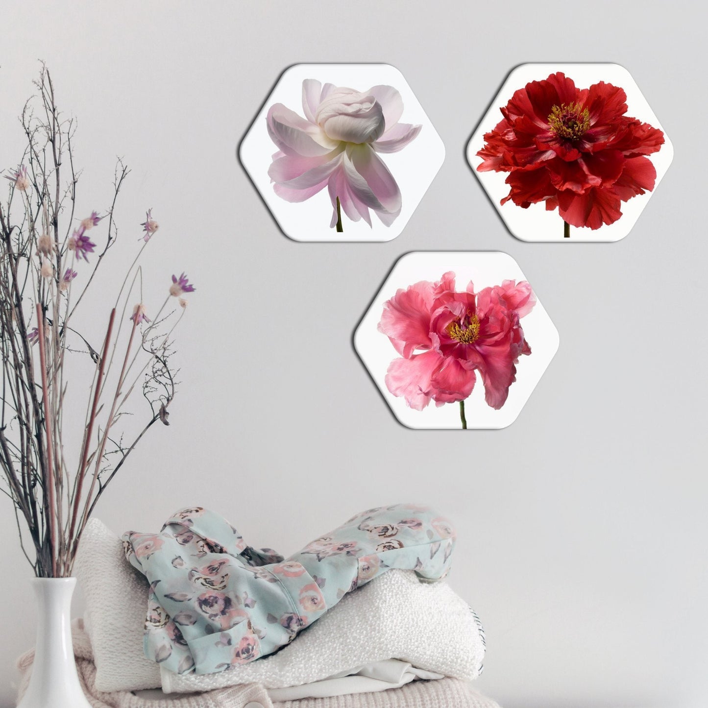 Beautiful Flowers Hexagon Wall Painting Set of Three