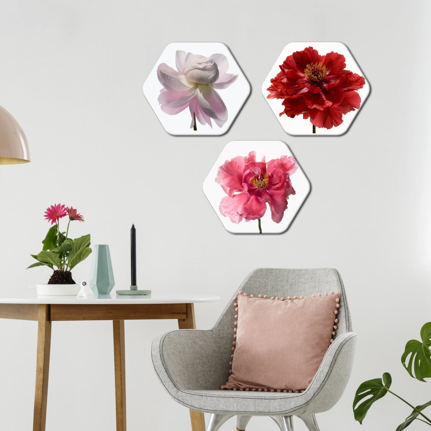 Beautiful Flowers Hexagon Wall Painting Set of Three