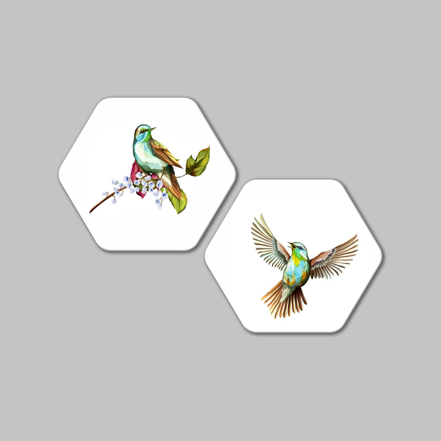 Beautiful Birds Premium Hexagon Wall Painting Set of 2