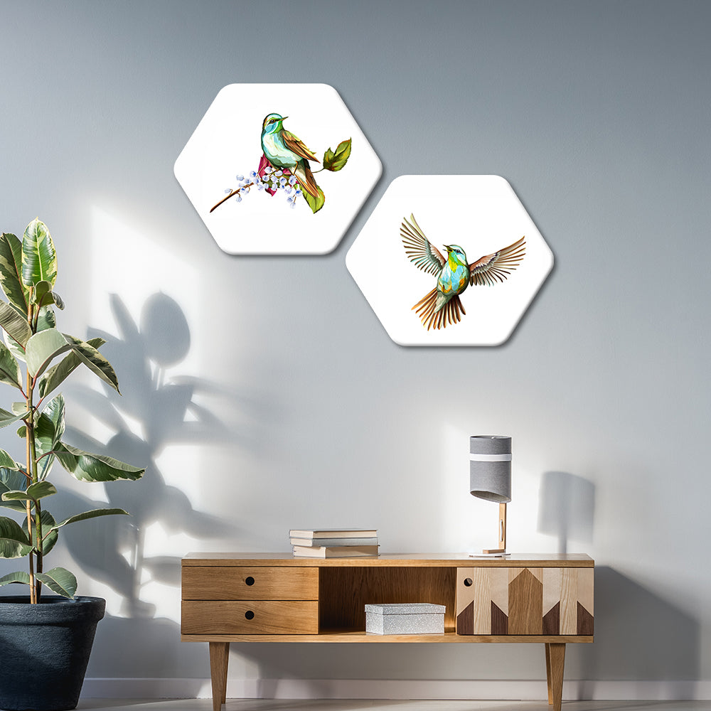 Beautiful Birds Premium Hexagon Wall Painting Set of 2