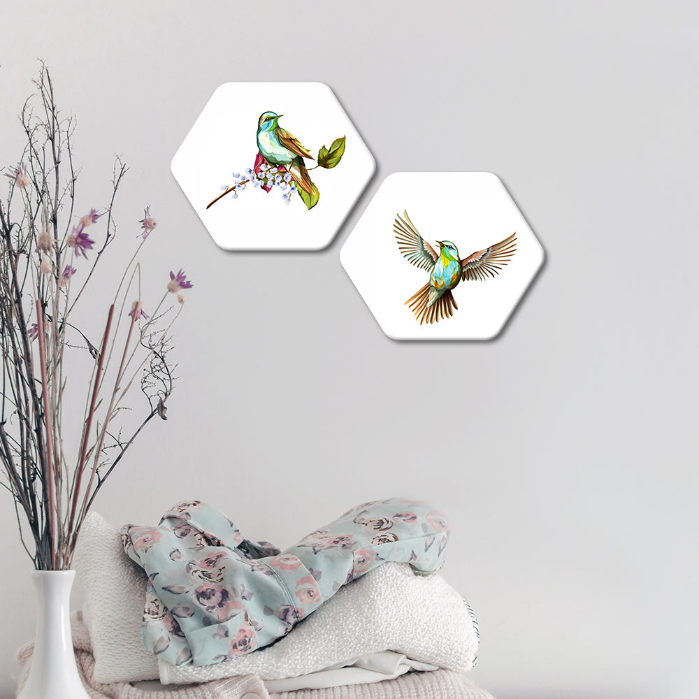 Beautiful Birds Premium Hexagon Wall Painting Set of 2