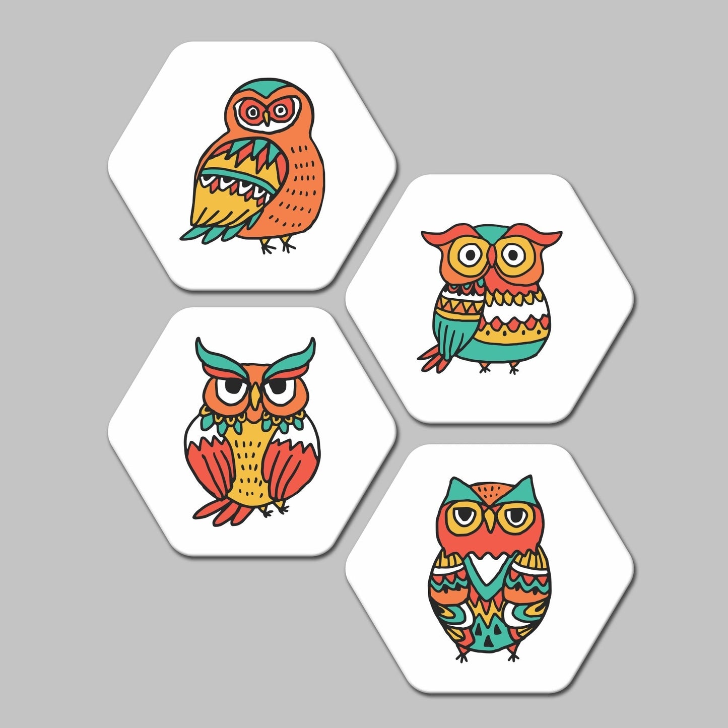 Hexagon 4 Pieces Premium  Painting of Owl