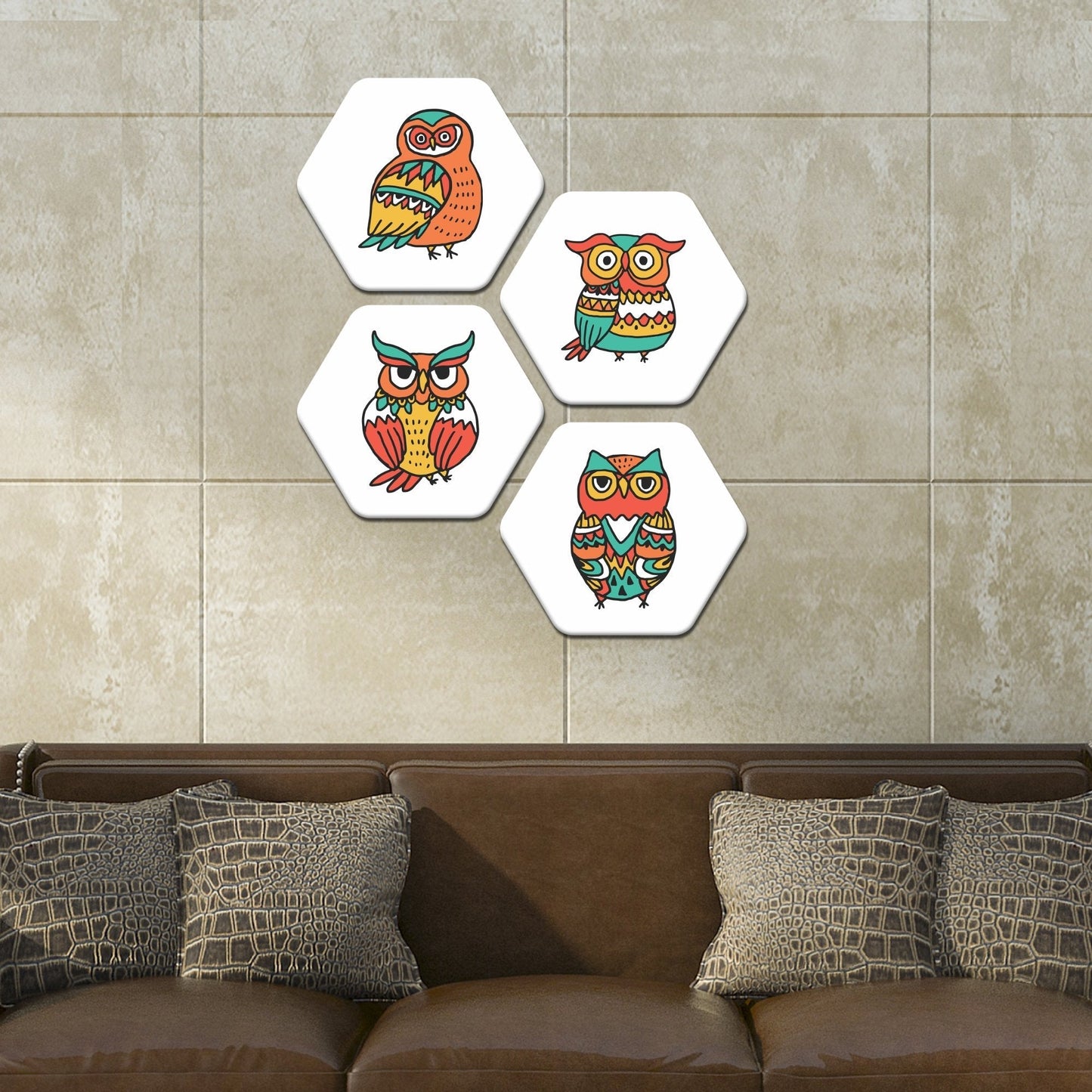 Hexagon 4 Pieces Premium  Painting of Owl