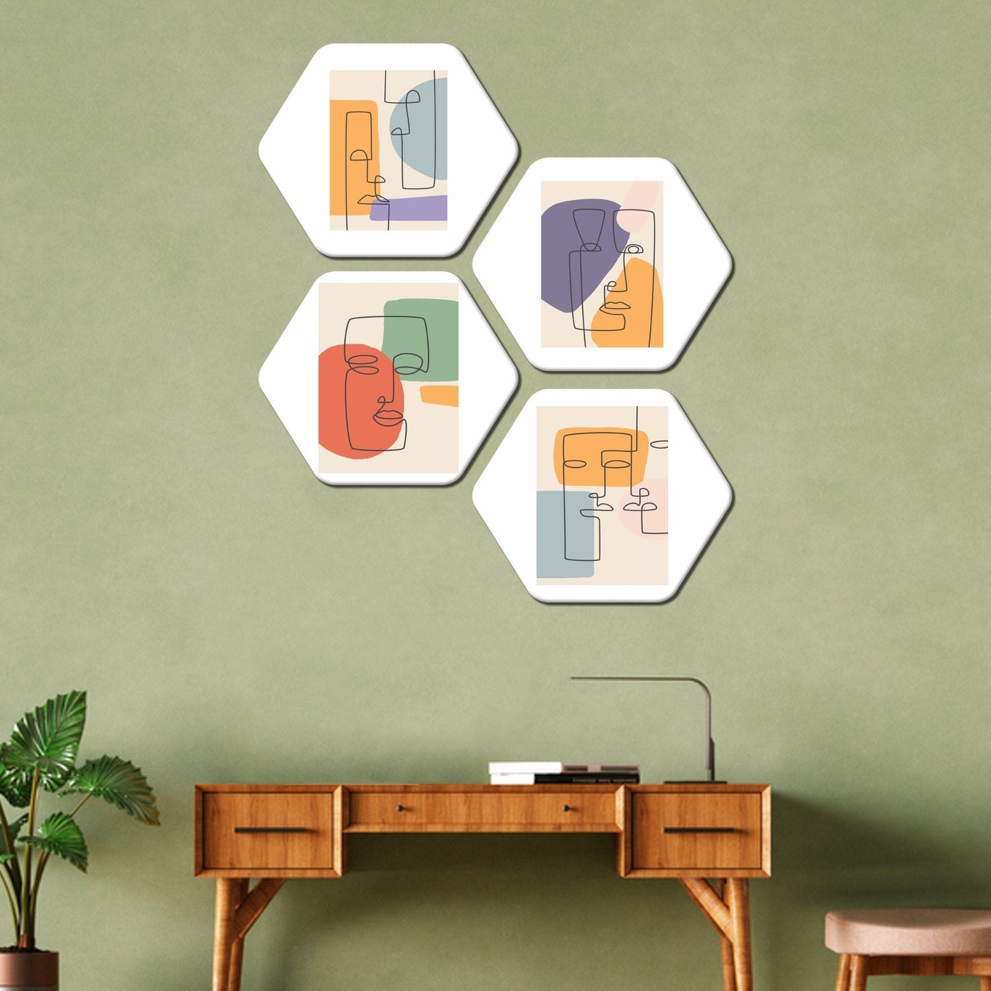 Hexagon 4 Pieces Painting of Line Art