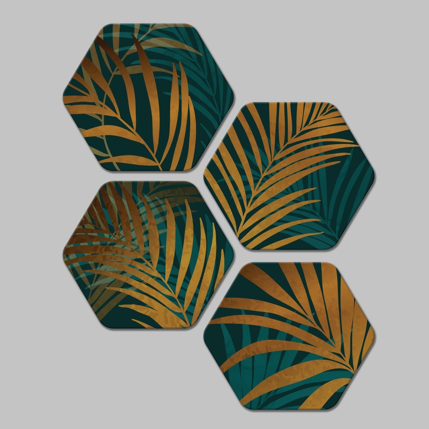 Golden Leaves Premium Hexagon Painting Set of 4 Pieces