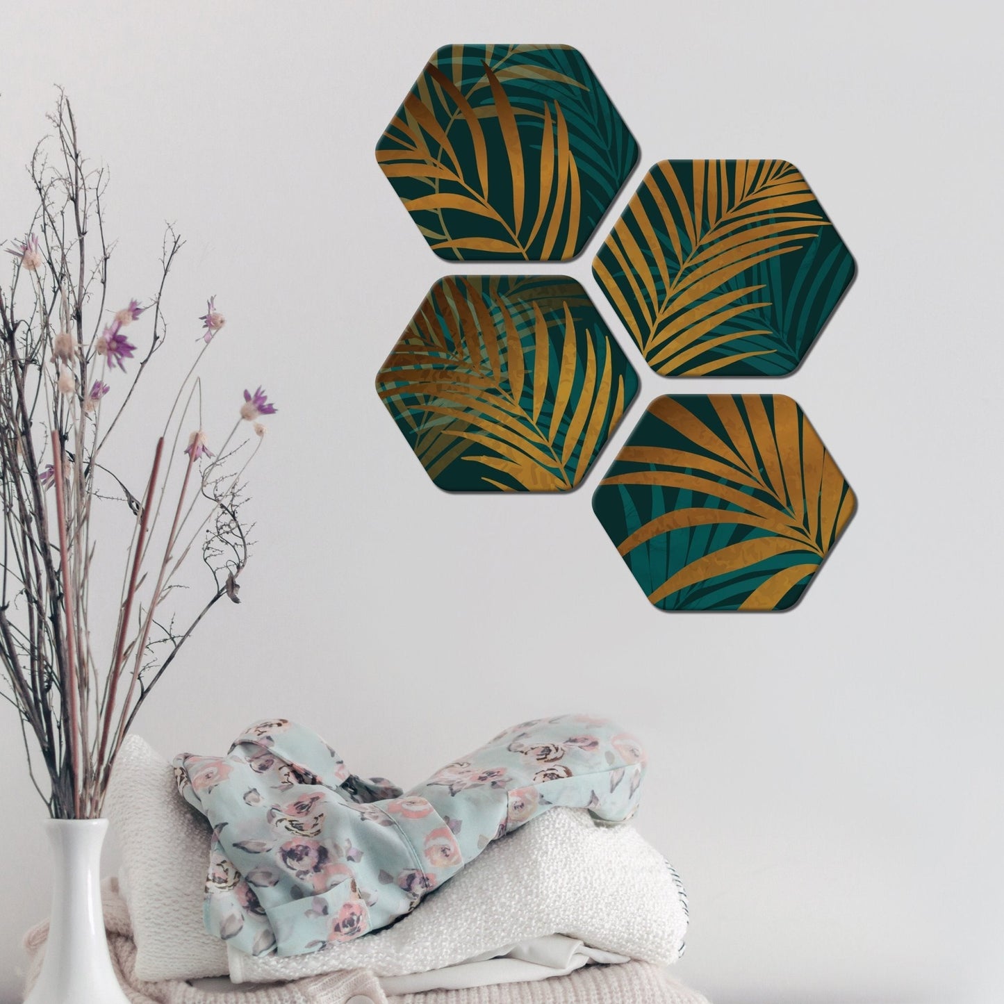 Golden Leaves Premium Hexagon Painting Set of 4 Pieces