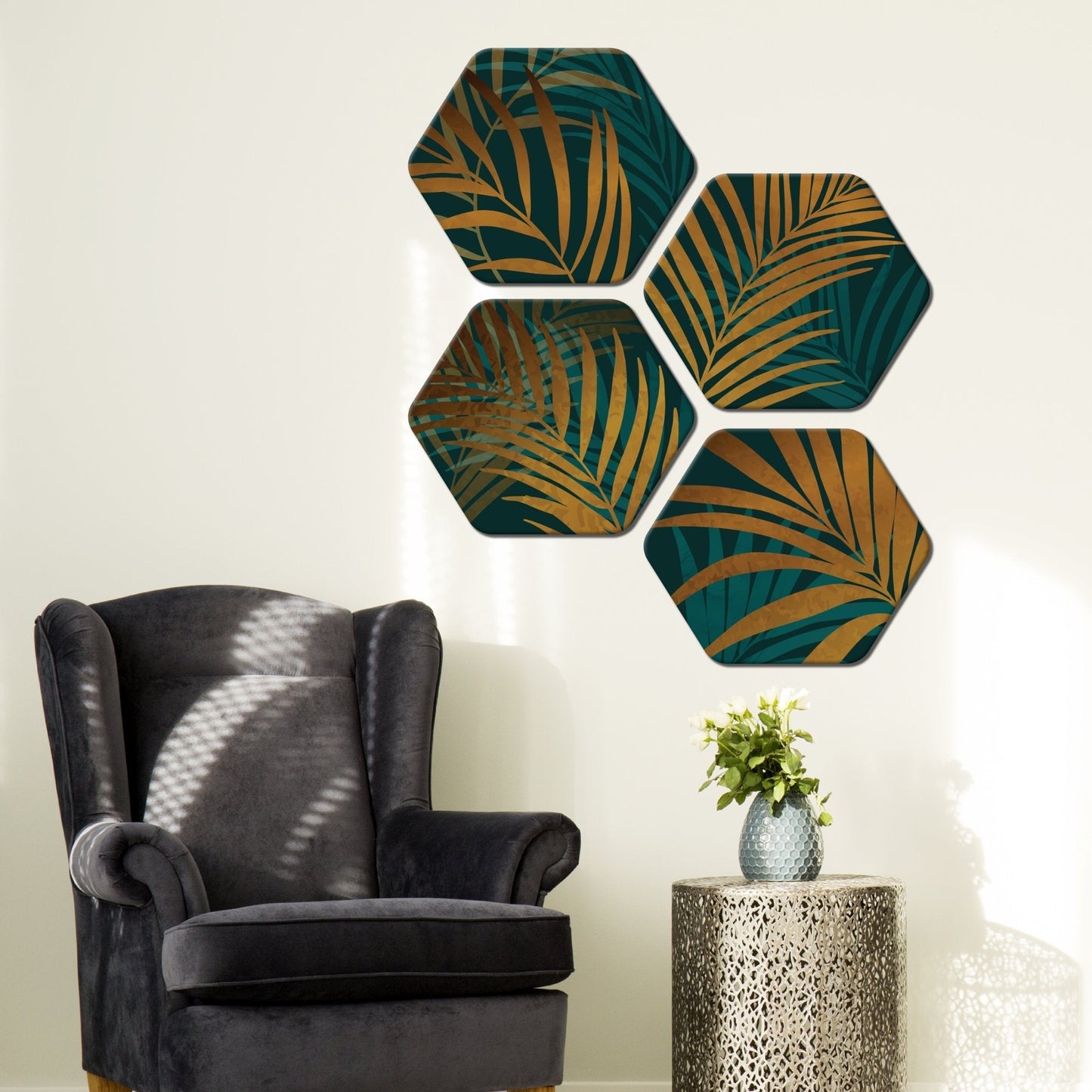 Golden Leaves Premium Hexagon Painting Set of 4 Pieces