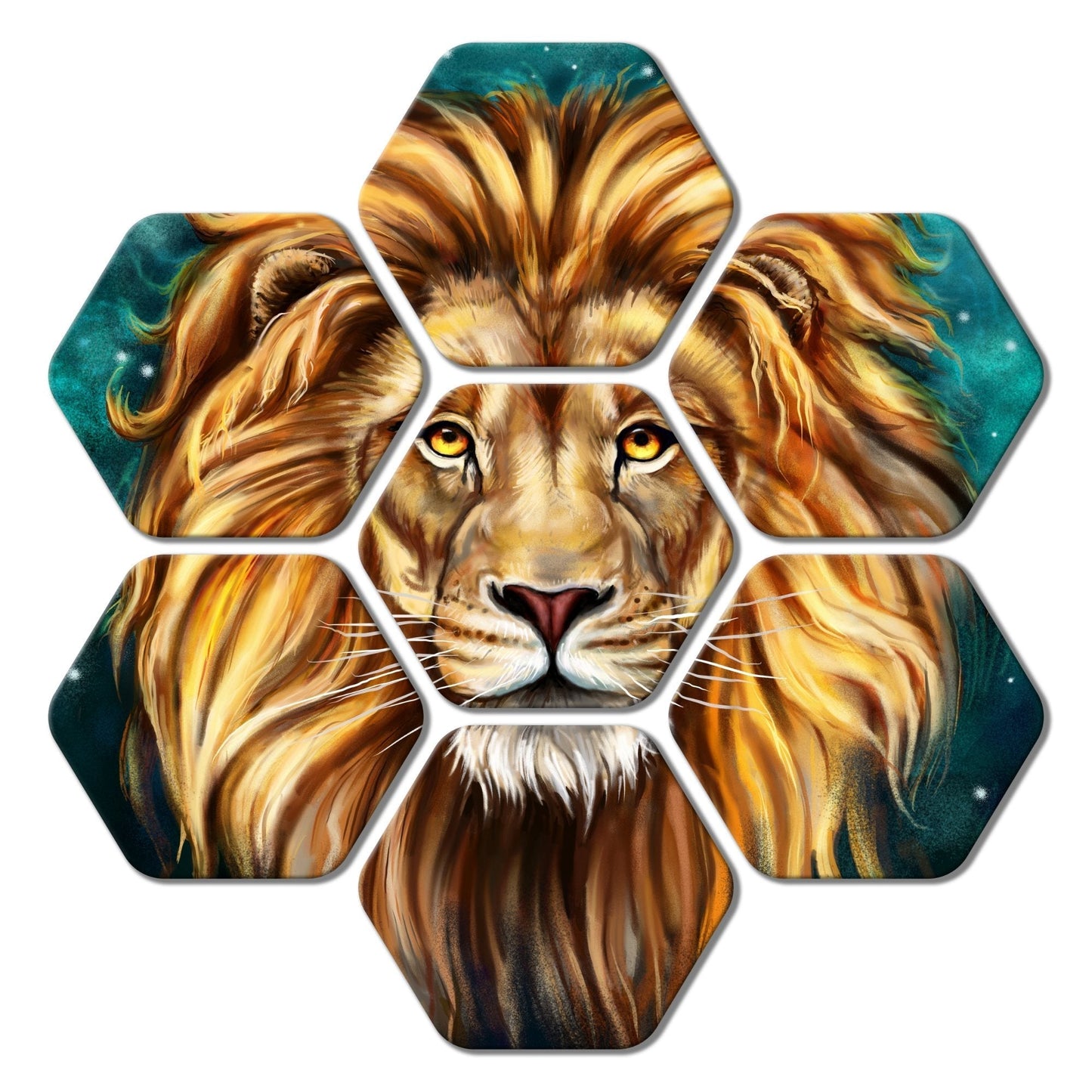 Premium Hexagon Painting of Lion's Face Set of 7