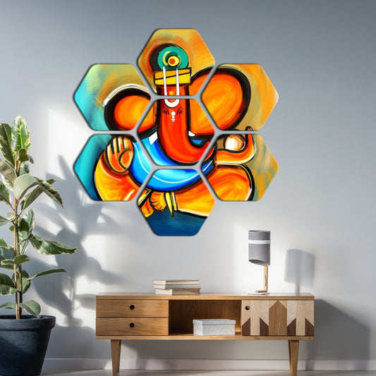 Premium Lord Ganesha 7 Pieces Hexagon Wall Painting