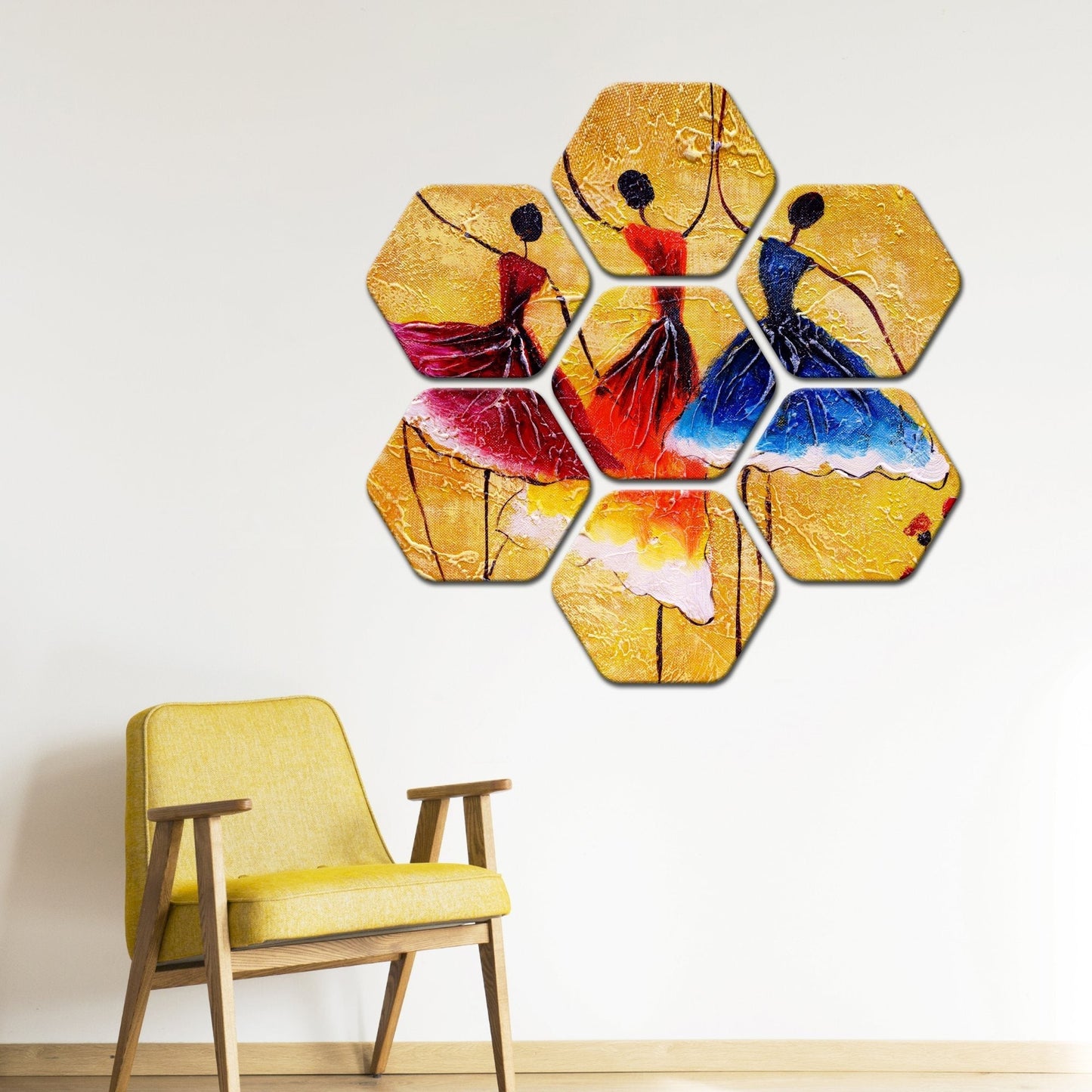 Three Women Dancing Hexagon Painting of 7 Pieces