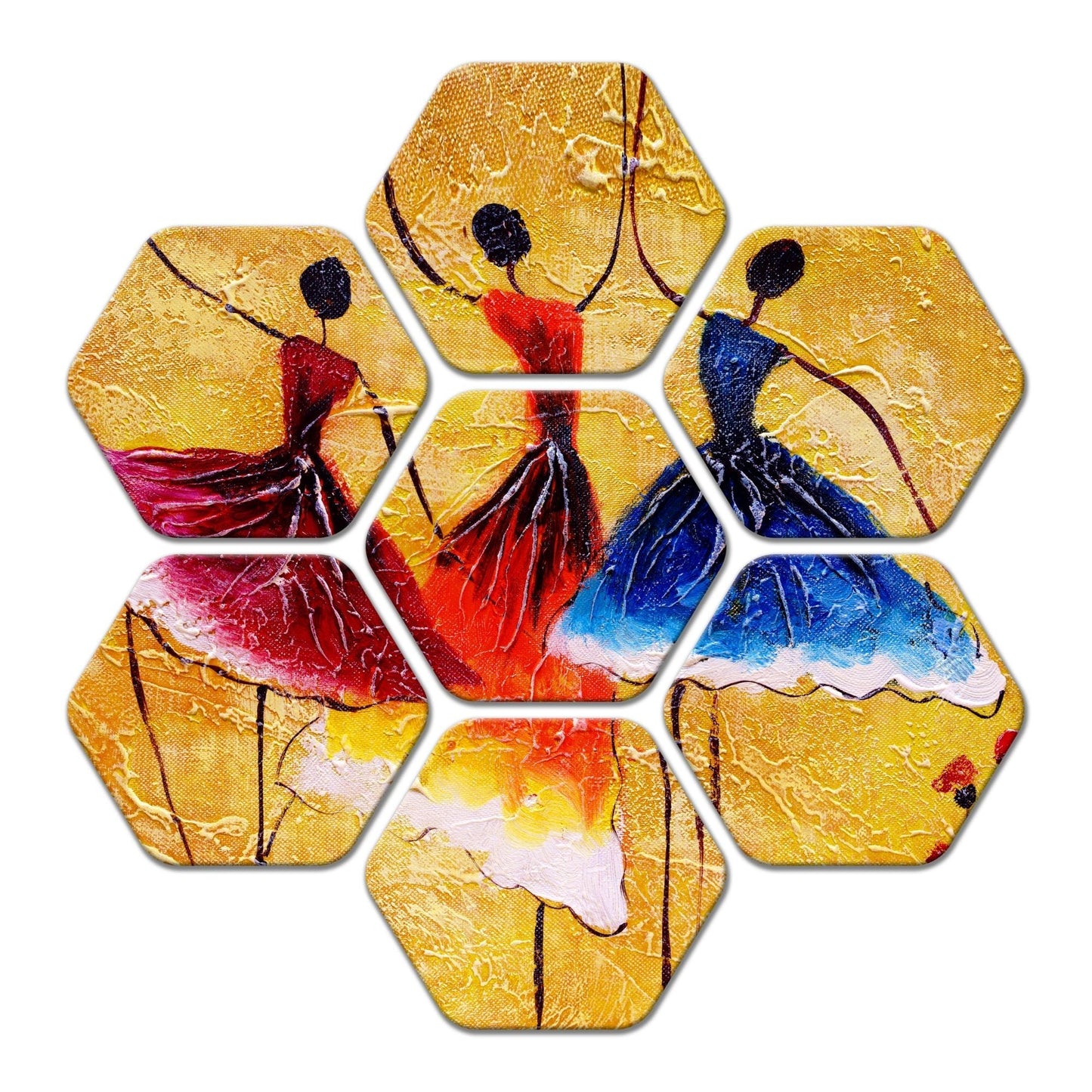 Three Women Dancing Hexagon Painting of 7 Pieces