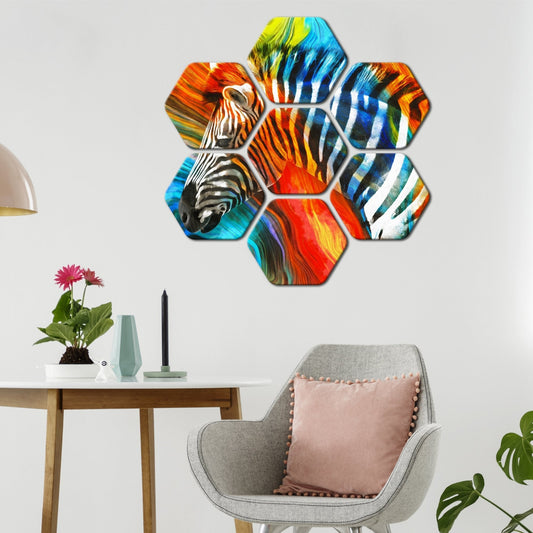 Premium Hexagon Painting of Colorful Zebra Set of 7