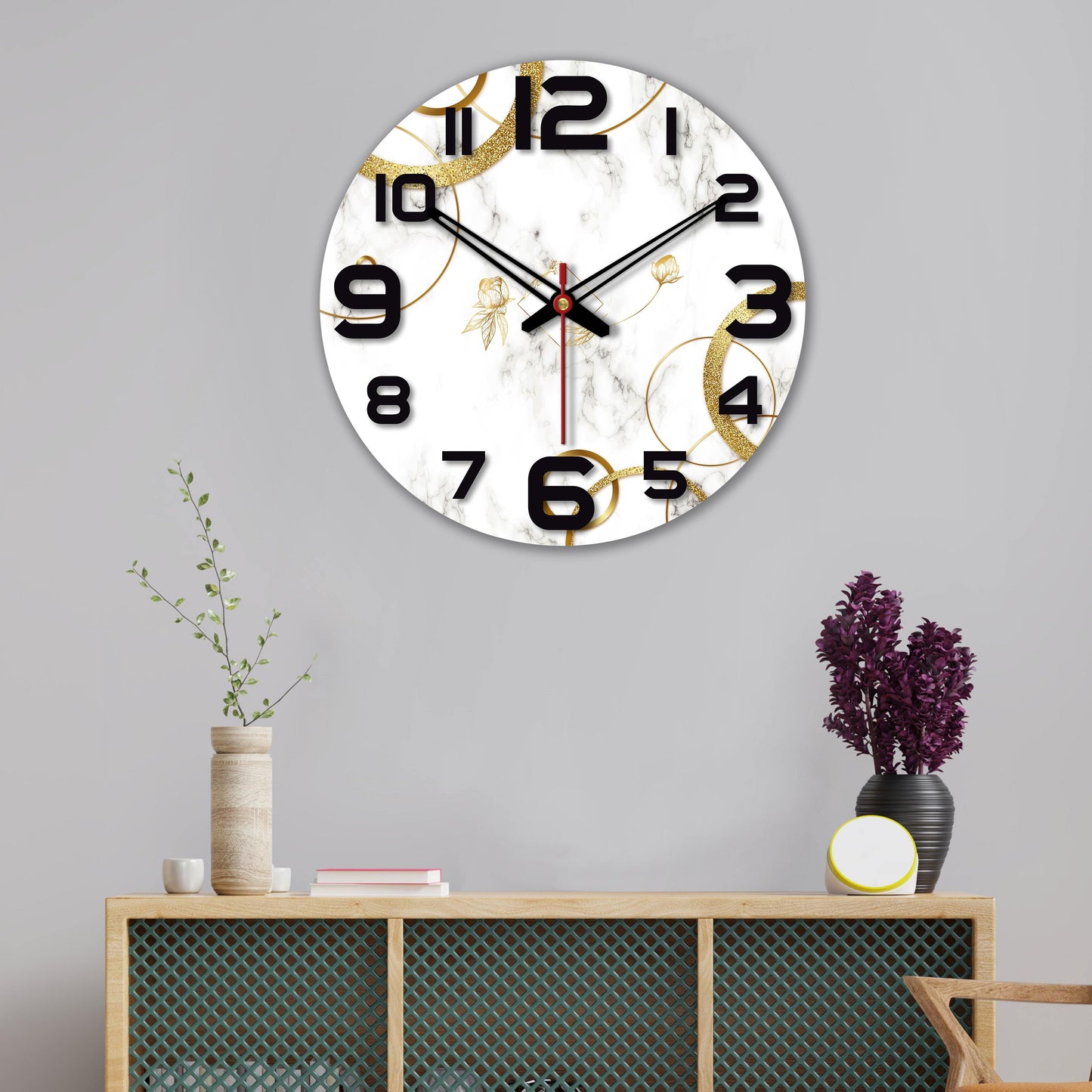 Line Art Rose Flower Wooden Wall Clock