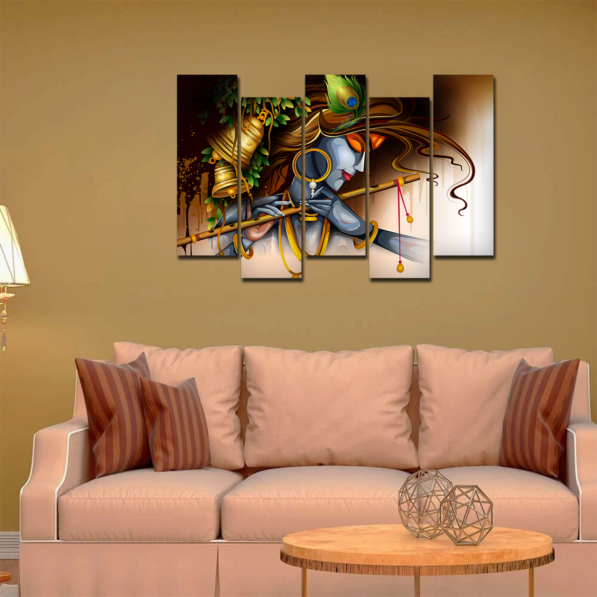 Spiritual 5 Pieces Premium Wall Painting of Lord Krishna Playing Bansuri