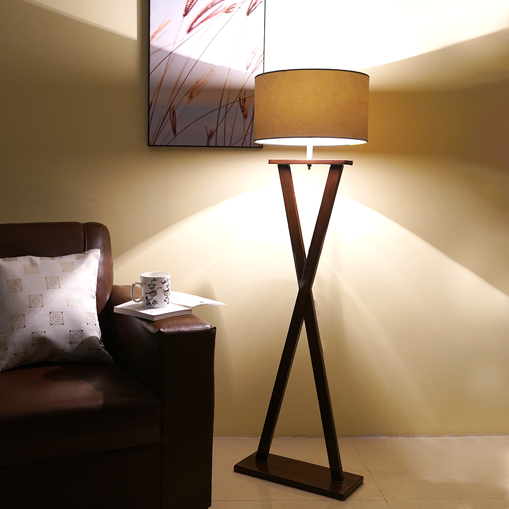 Beautiful Wooden Floor Lamp With Delight Crossed Stand For Living Room, Bedroom