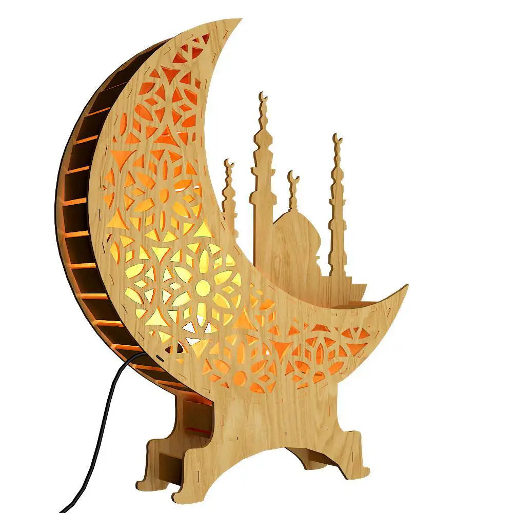 Wooden Moon Shape Night Lamp With Mosque Design Table Light For Home Decor | Living Room