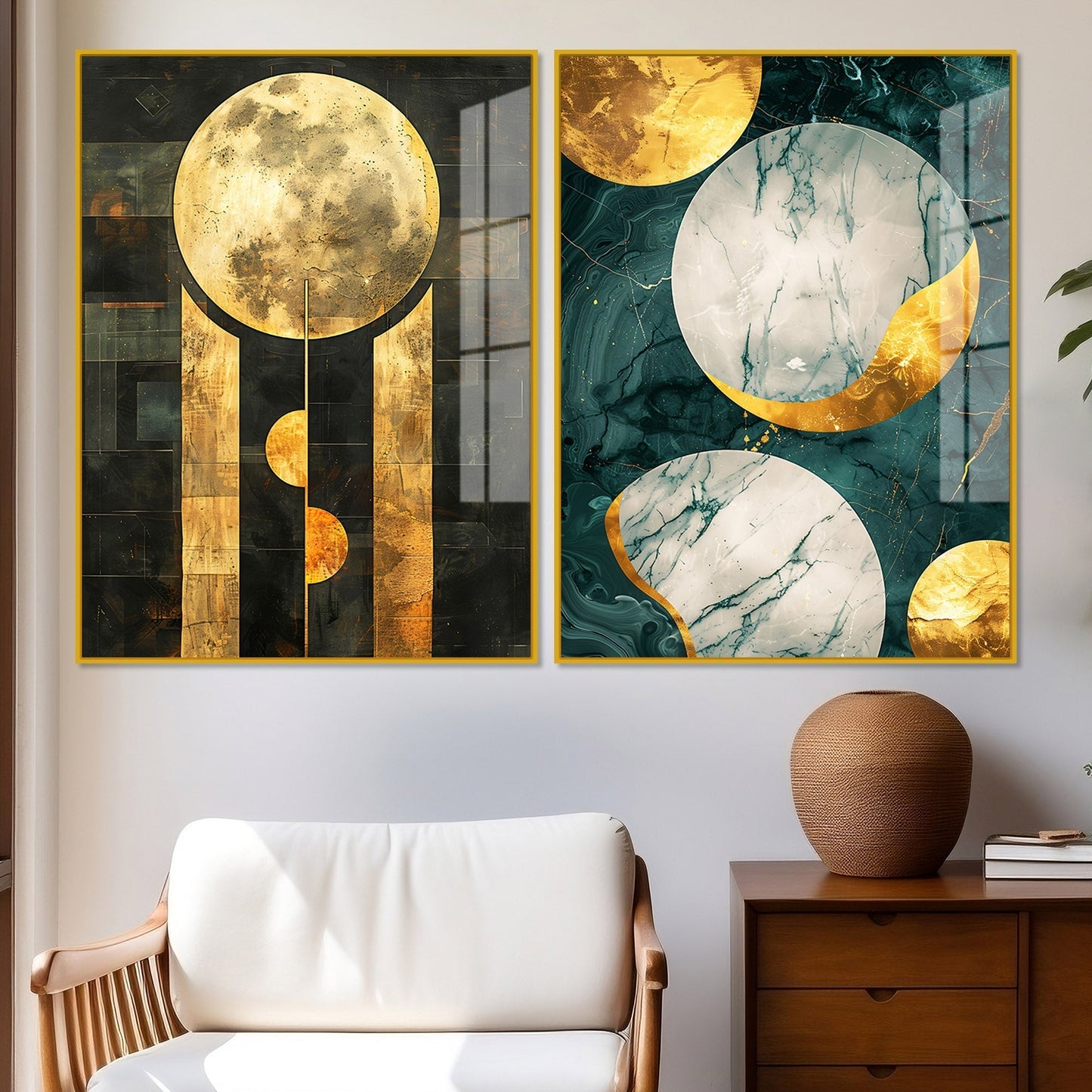 Abstract Golden Textured Shape Art Acrylic Floating Wall Painting Set Of 2