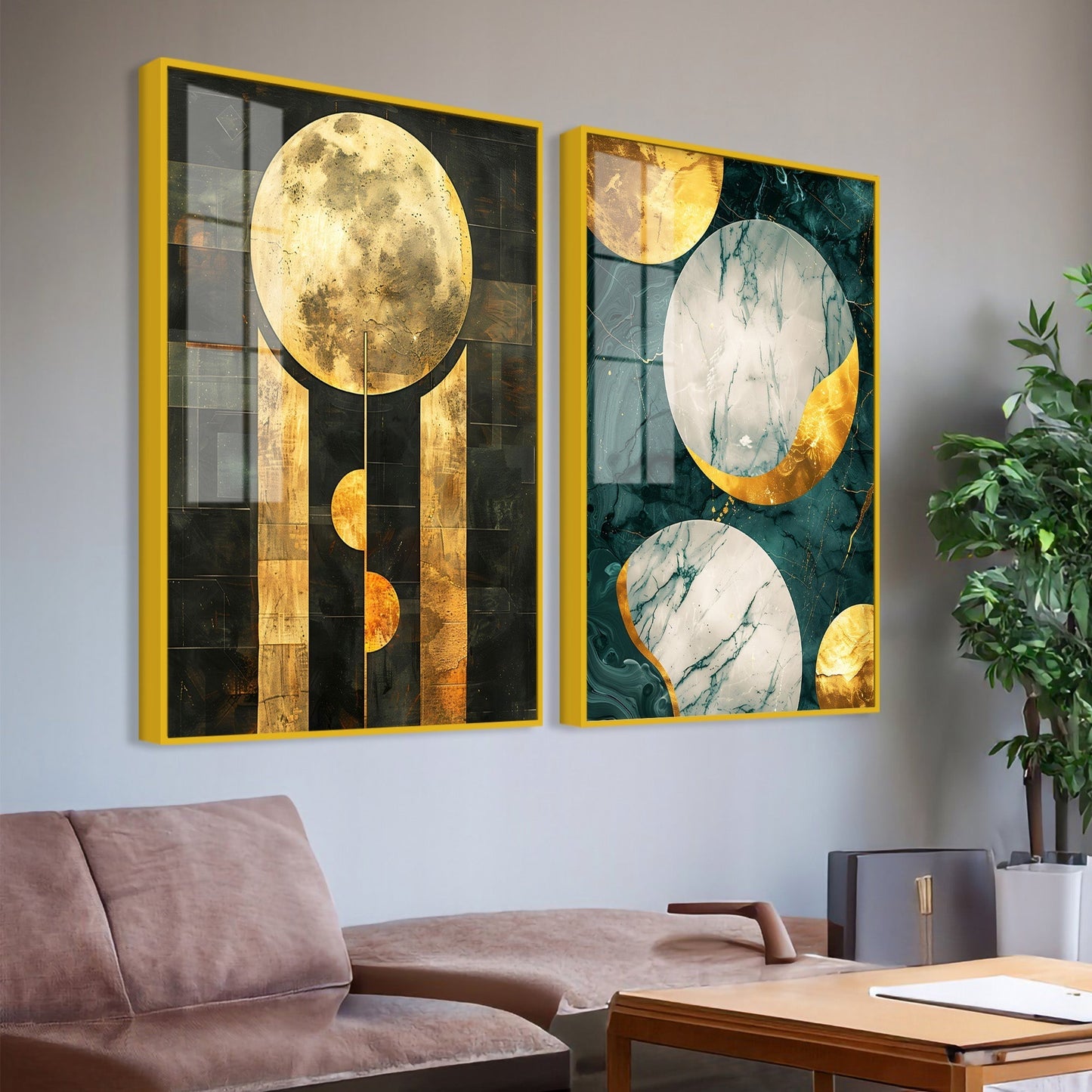 Abstract Golden Textured Shape Art Acrylic Floating Wall Painting Set Of 2