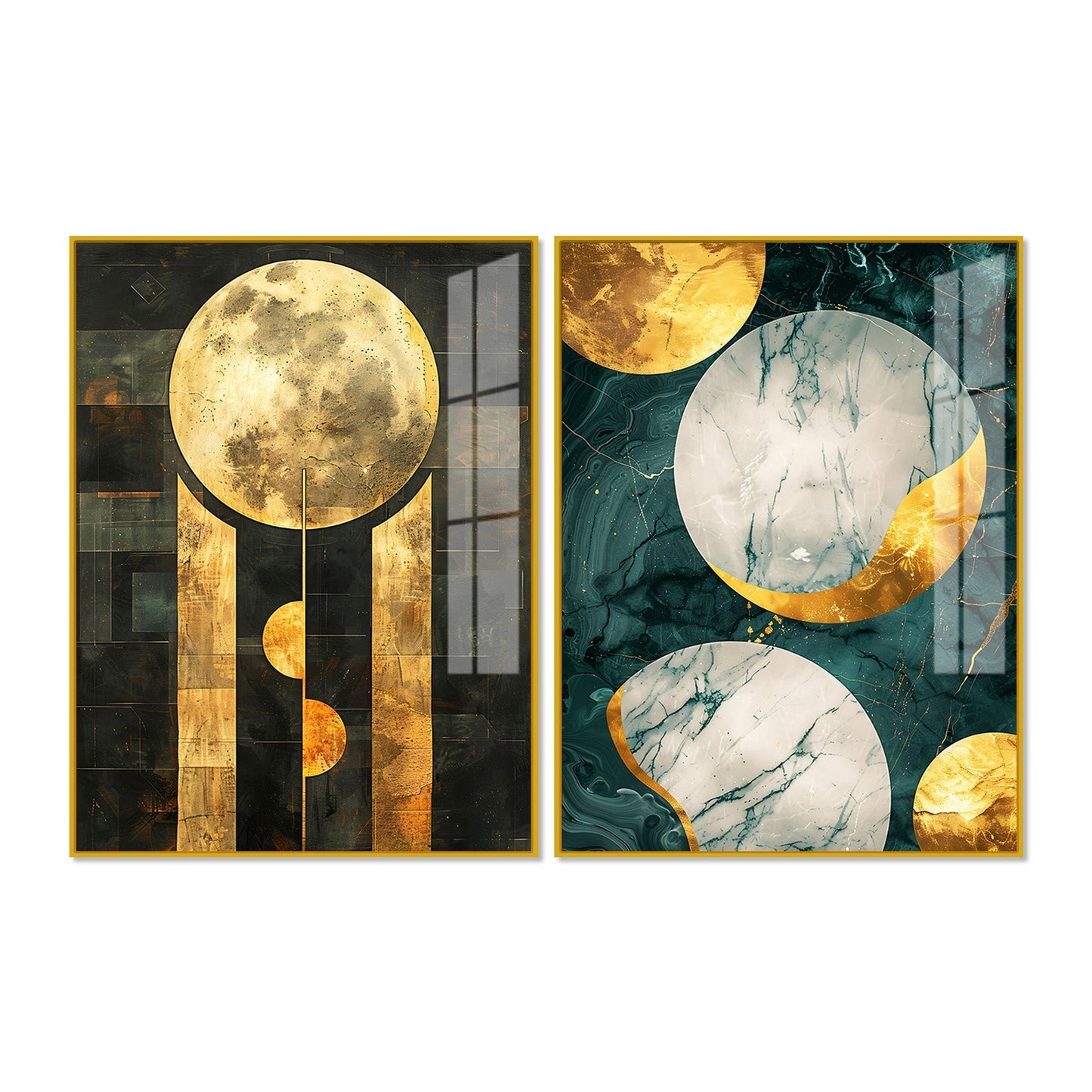 Abstract Golden Textured Shape Art Acrylic Floating Wall Painting Set Of 2