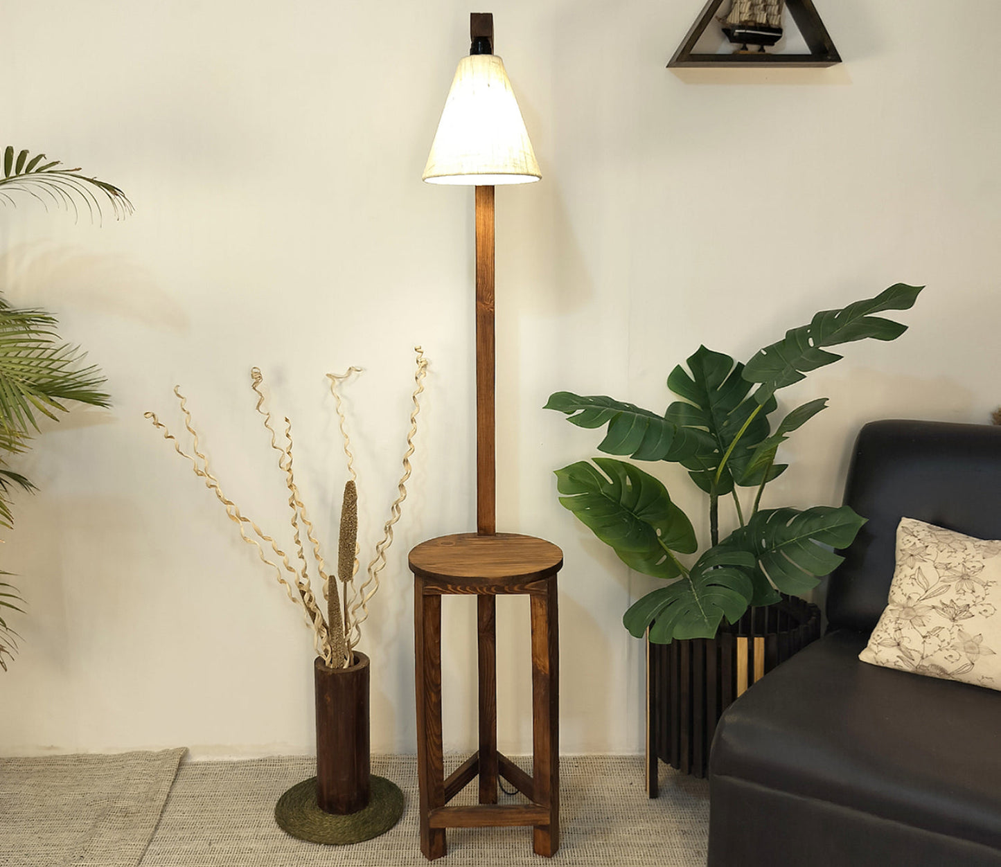 Accent Wooden Floor Lamp with Beige Fabric Lampshade