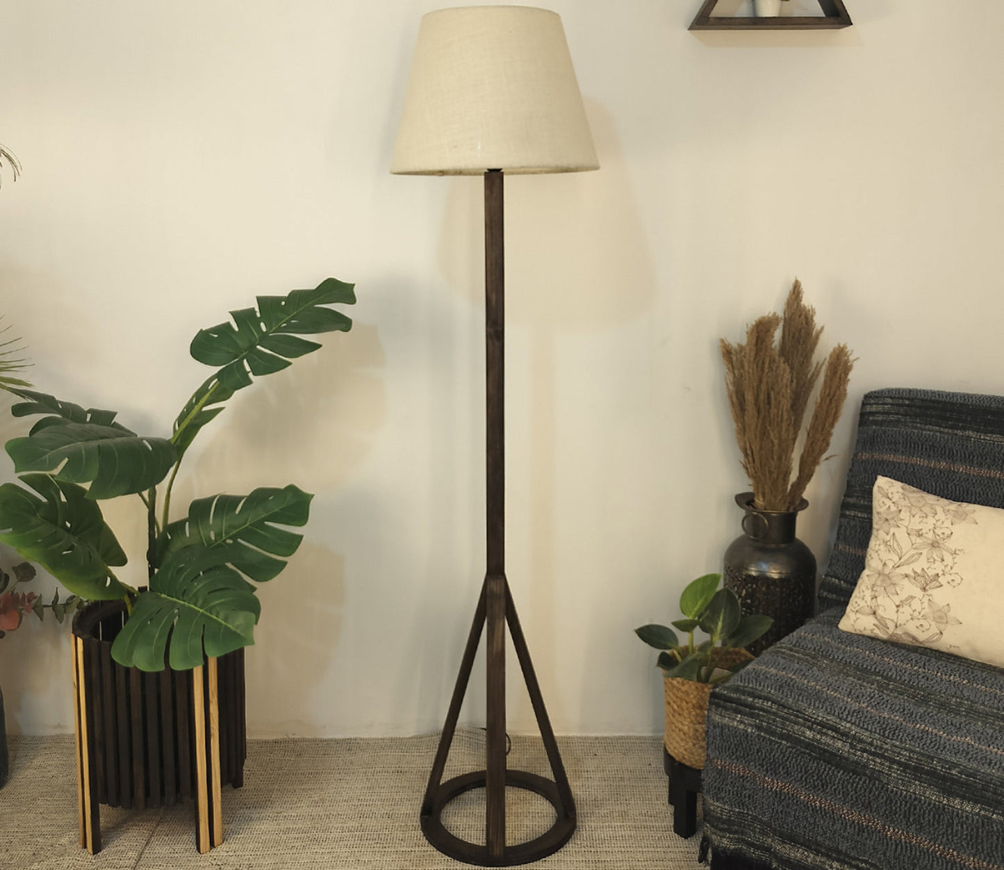 Artistic Wooden Floor Lamp with Premium Beige Fabric Lampshade