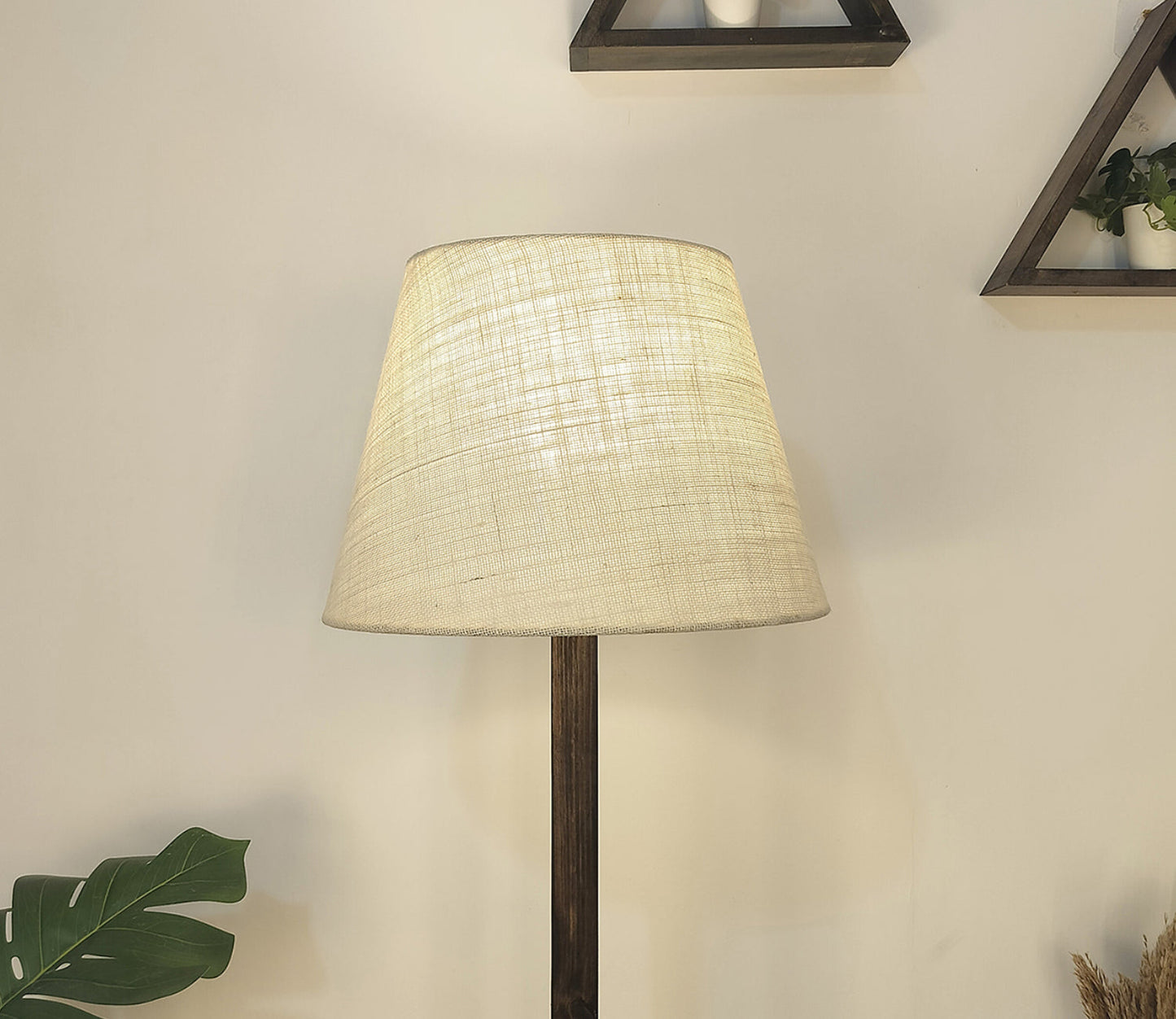 Artistic Wooden Floor Lamp with Premium Beige Fabric Lampshade