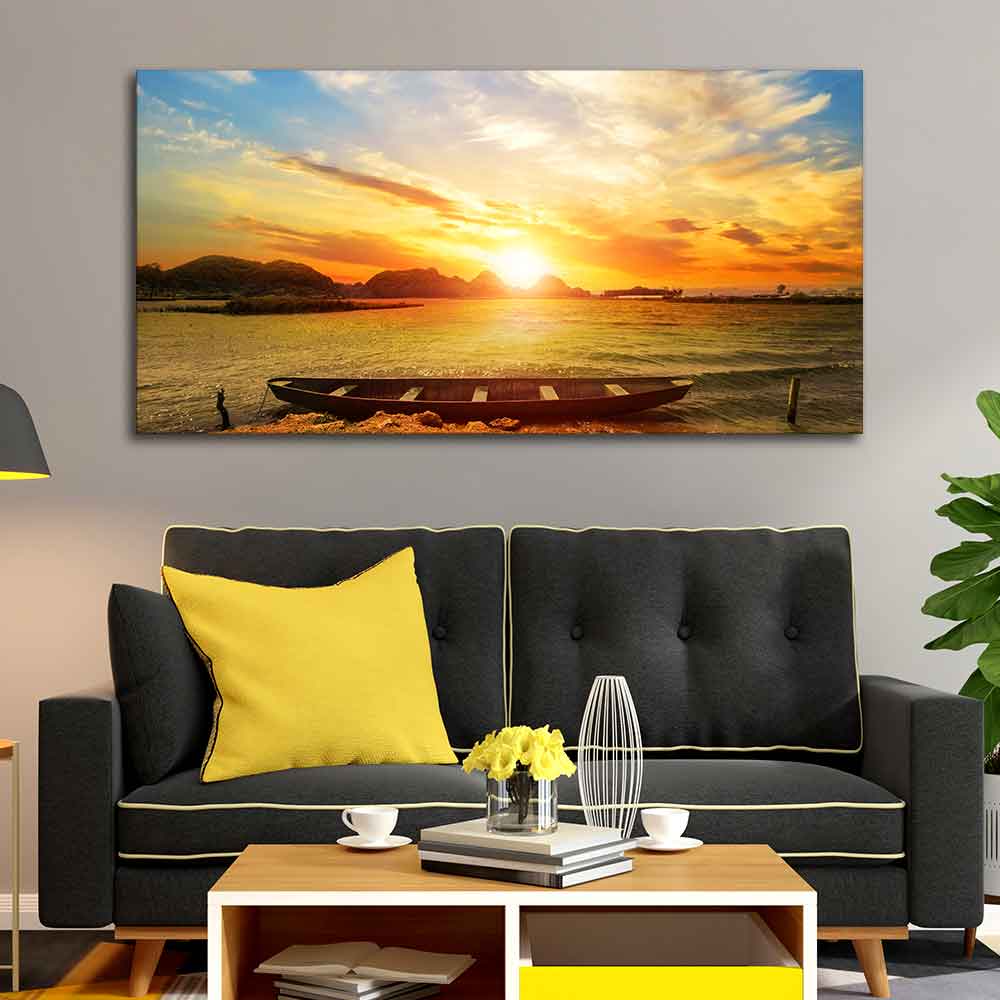 Beautiful Canvas Wall Painting of Boat on Beach & Sunset