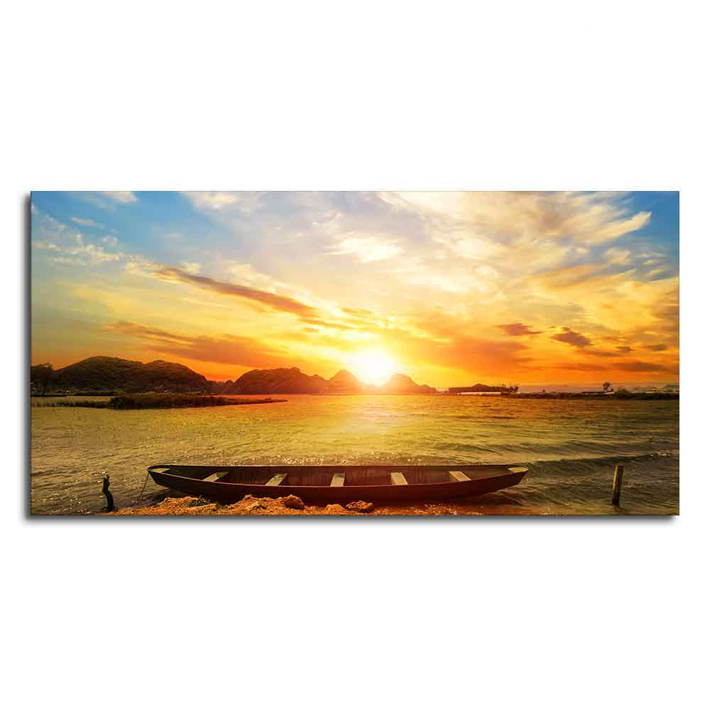 Beautiful Canvas Wall Painting of Boat on Beach & Sunset