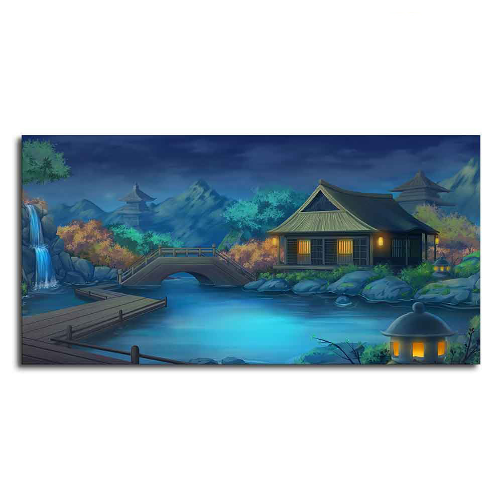 Beautiful Japanese Courtyard at Night Canvas Wall Painting