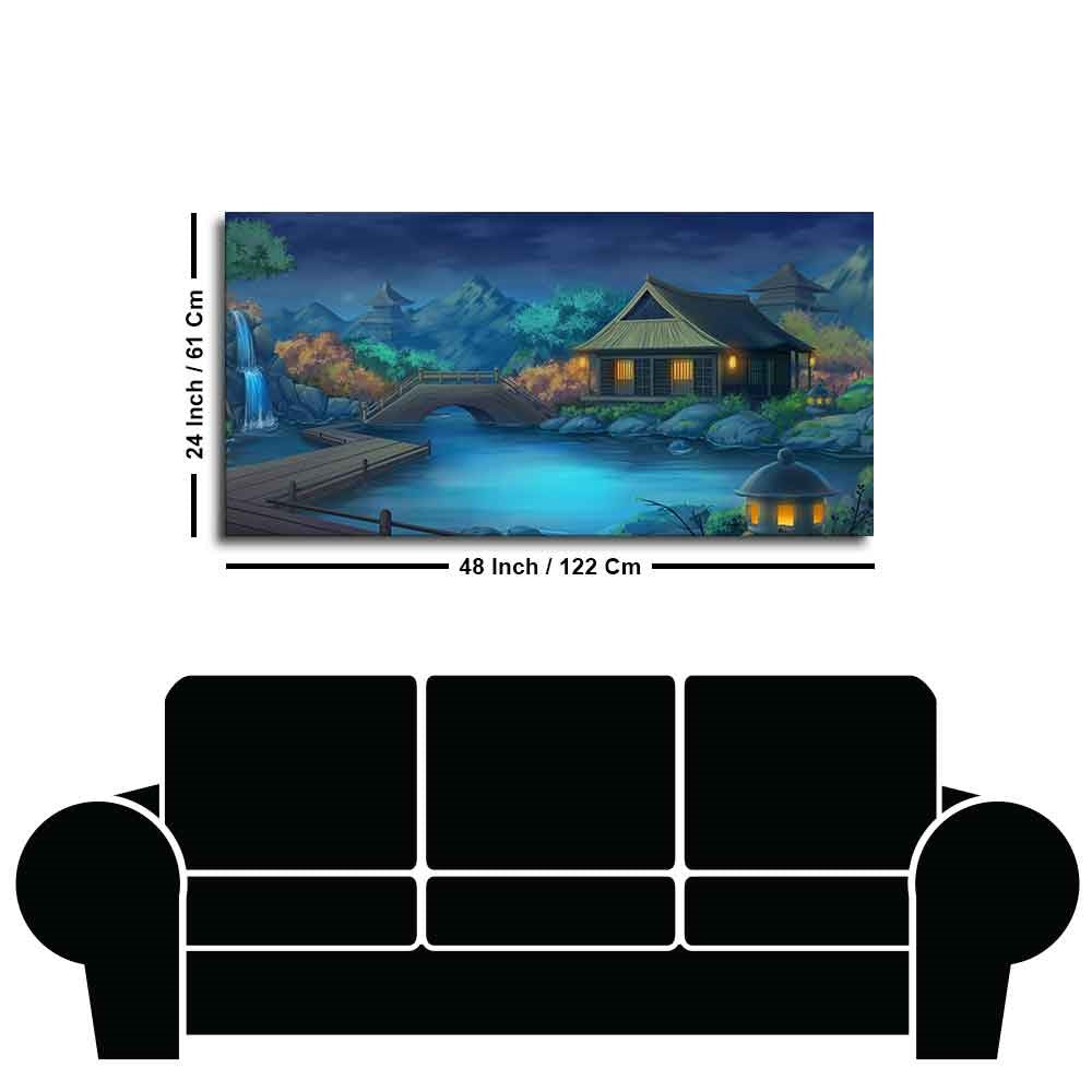 Beautiful Japanese Courtyard at Night Canvas Wall Painting