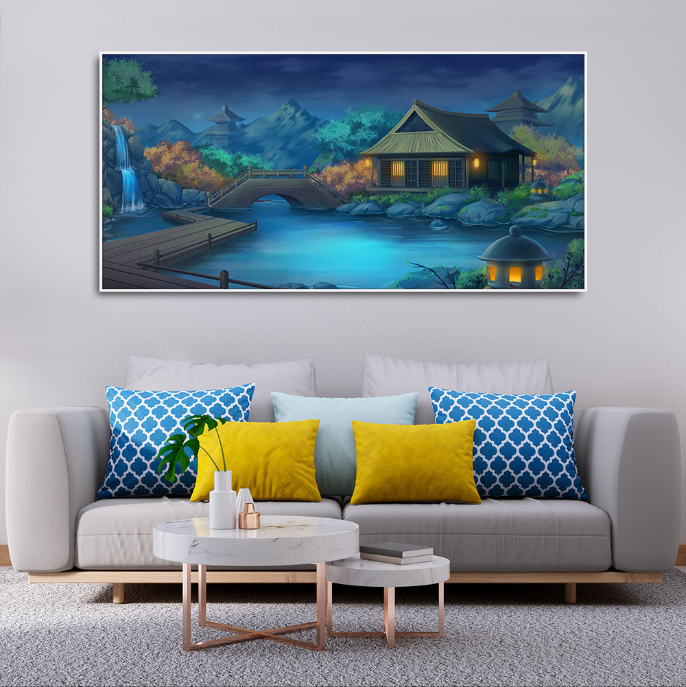 Beautiful Japanese Courtyard at Night Canvas Wall Painting