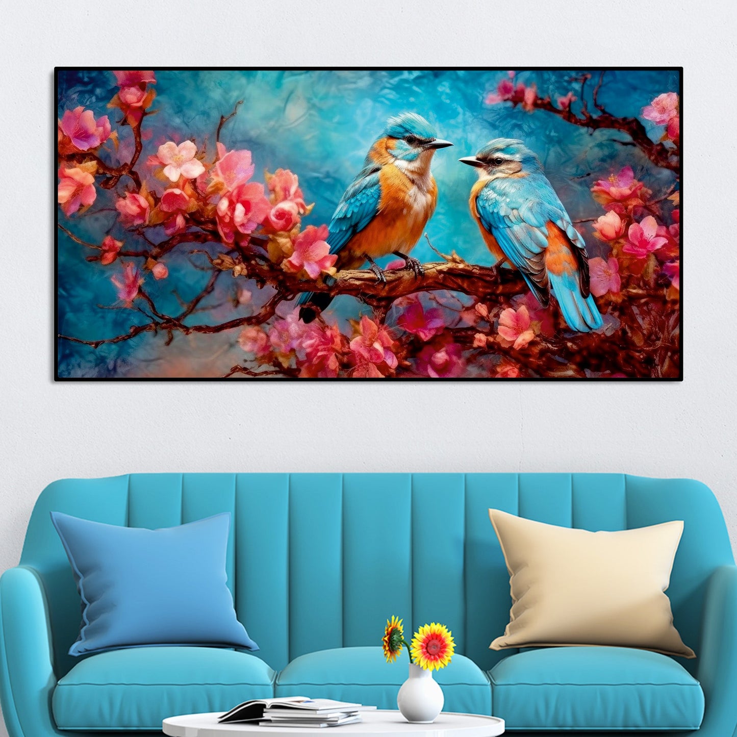 Beautiful Love Birds on a Branch with Pink Flowers Canvas Wall Painting