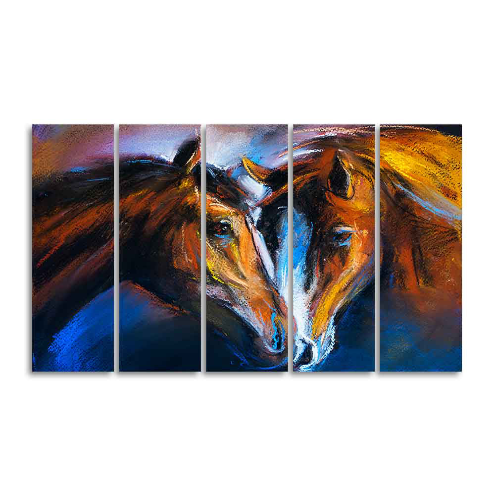 Beautiful Pair of Horses Five Pieces Wall Painting