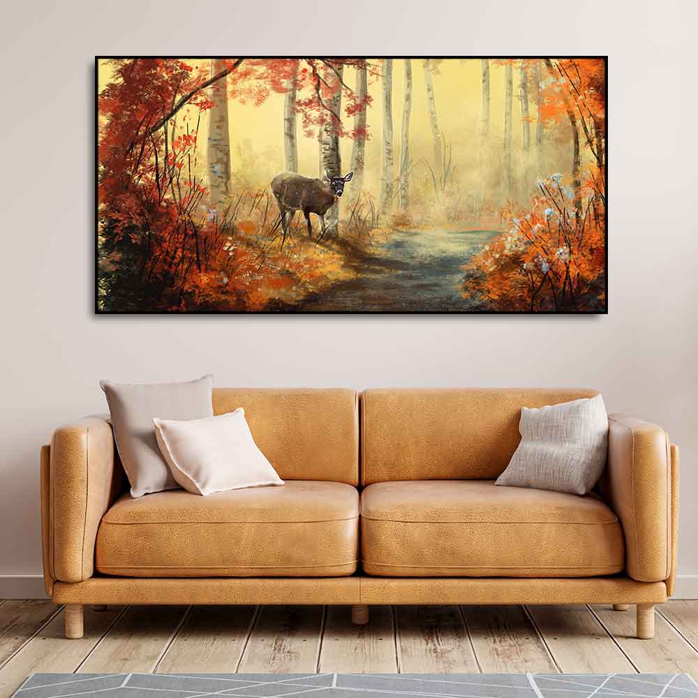 Beautiful Scenery Deer in Forest Canvas Big Wall Painting