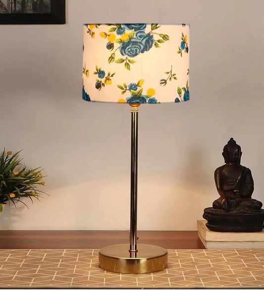 Blue Flower Art Traditional Bedside Table Lamp with Golden Finish Base