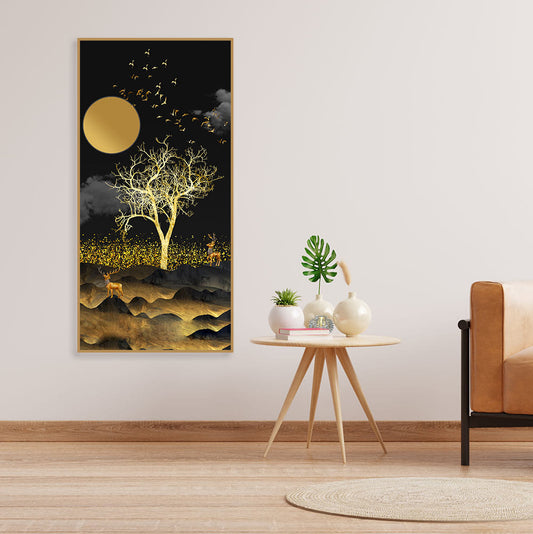 Dark Moon Light with Golden Birds Premium Canvas Wall Painting