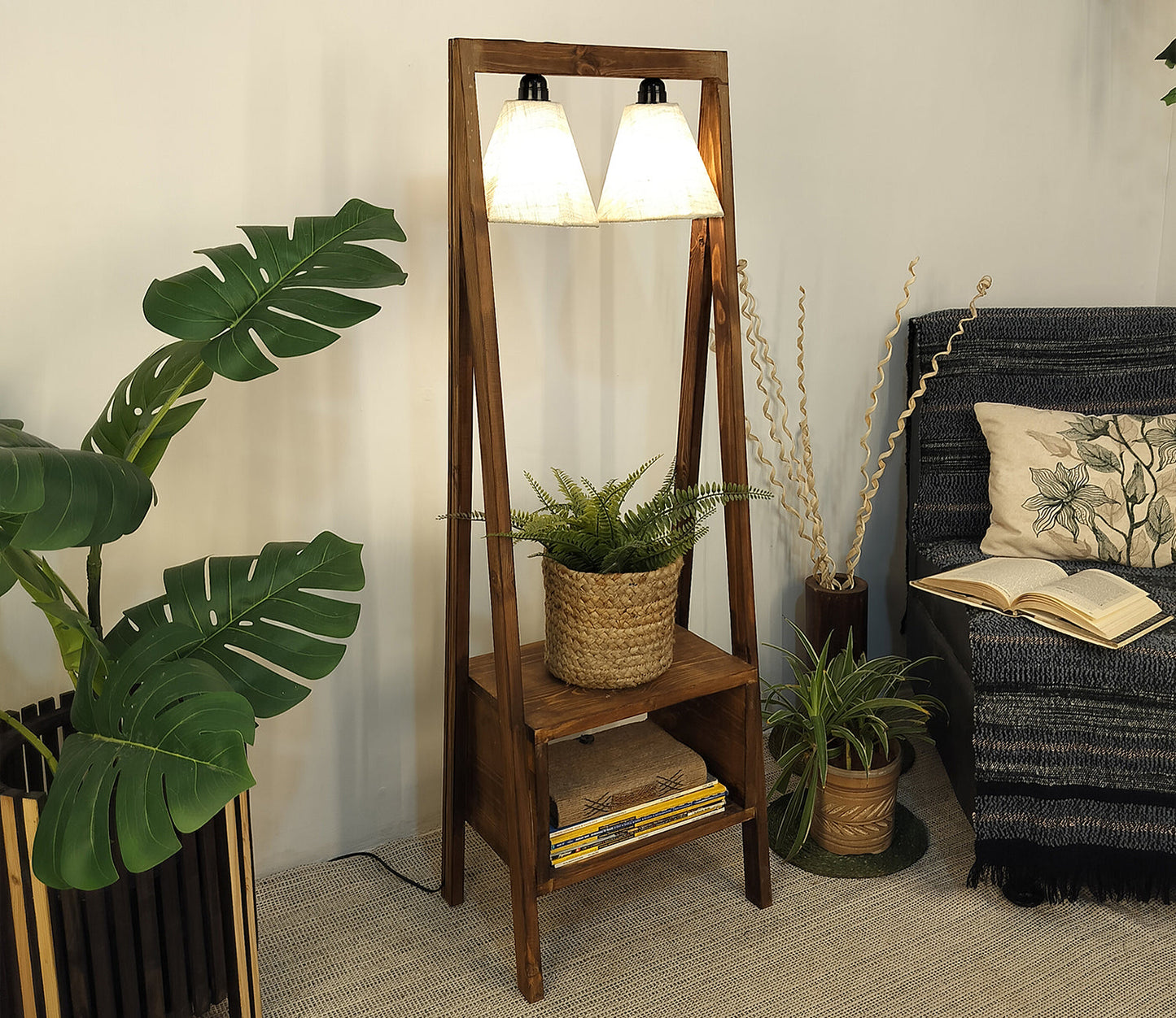 Decorative Wooden Floor Lamp with Brown Base and Jute Fabric Lampshade