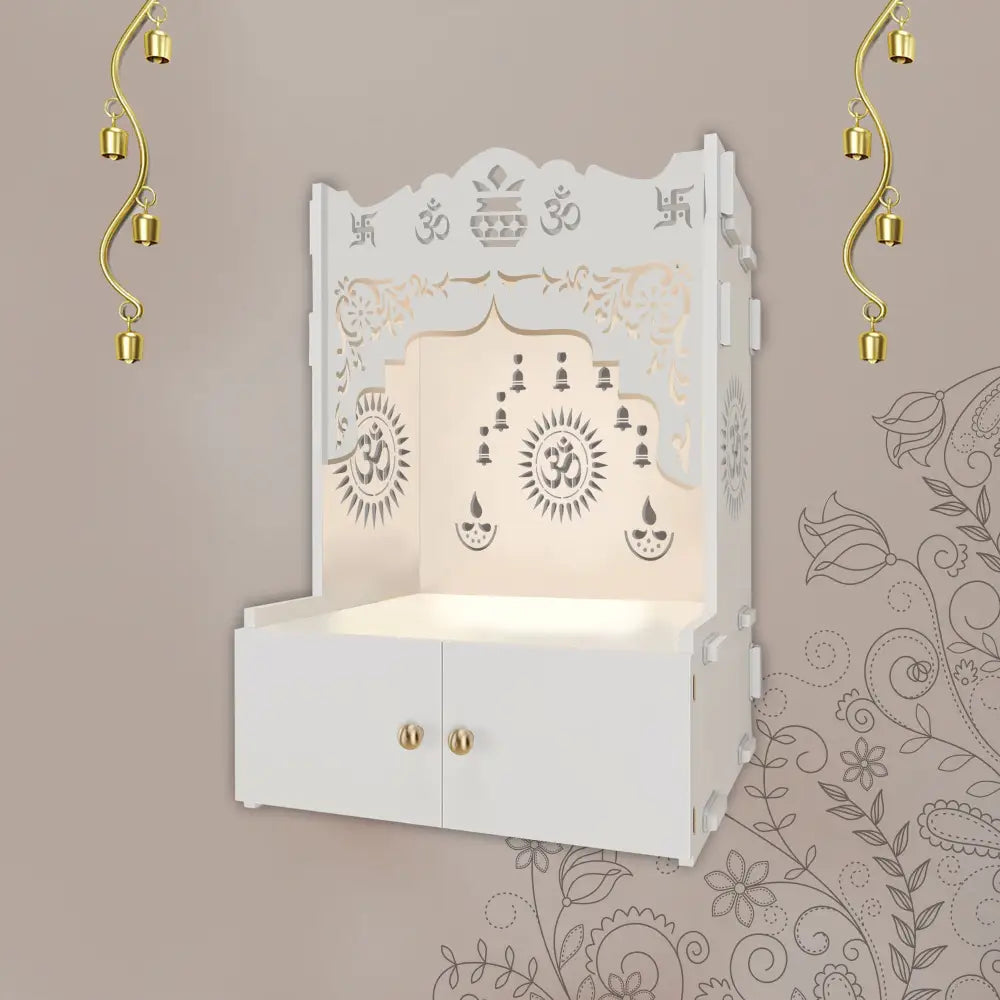 Designer Holy Symbol Om White Wood Temple with Inbuilt Focus Light & Spacious Shelf