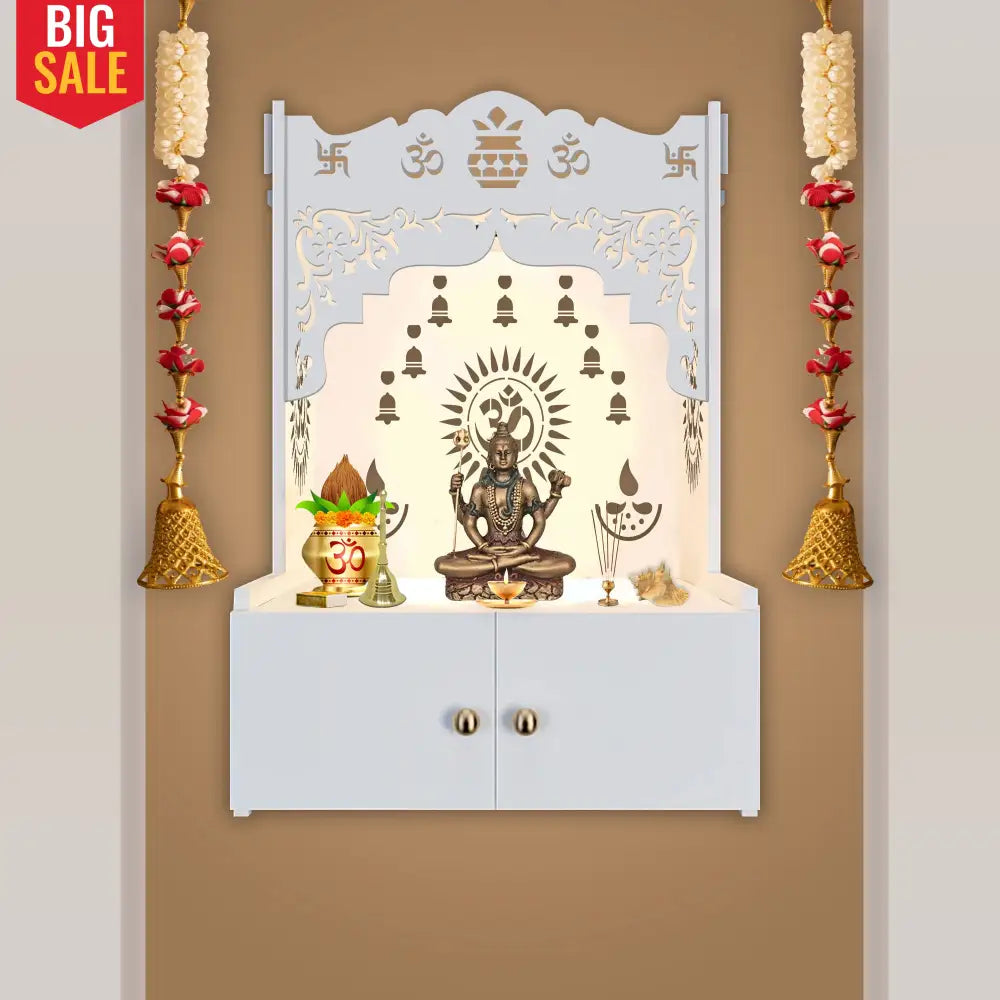 Designer Holy Symbol Om White Wood Temple with Inbuilt Focus Light & Spacious Shelf