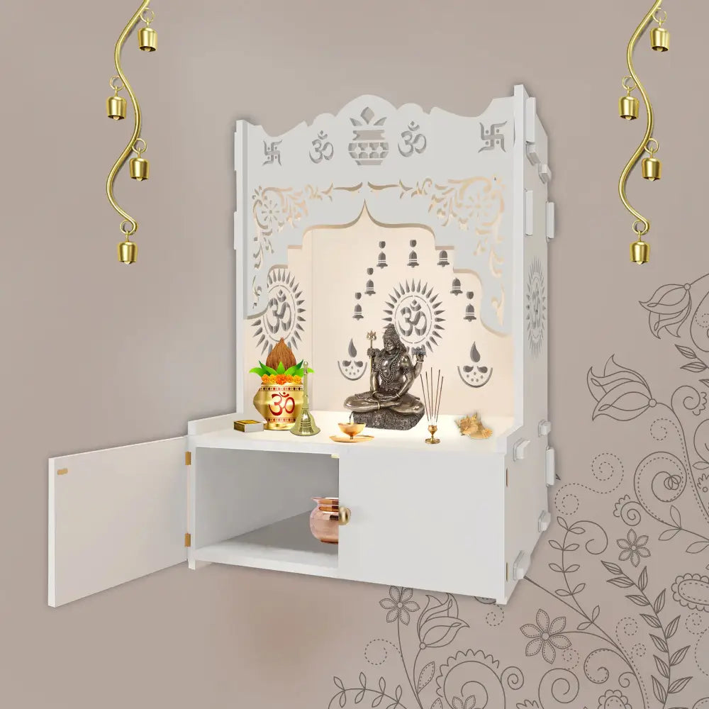 Designer Holy Symbol Om White Wood Temple with Inbuilt Focus Light & Spacious Shelf