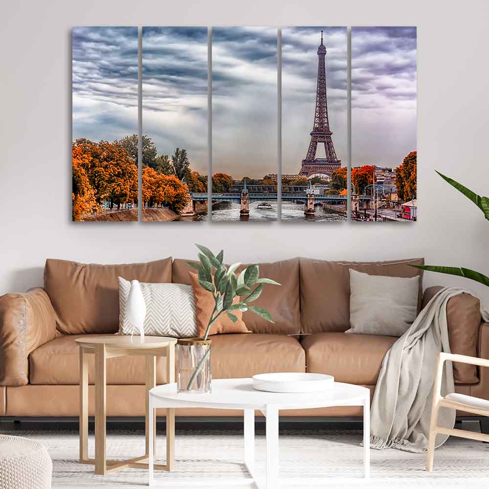 Eiffel Tower and Seine River Bedroom Wall Painting of Five Pieces